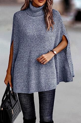 KIRUNDO Women's 2026 Fall Winter Turtleneck Poncho Sweater Fashion Chunky Knit Cape Wrap Sweaters Pullover Jumper Tops(Grey Blue, Medium) - Thumbnail 2