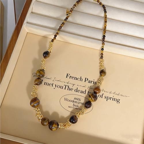 Elrcryon Tiger Eye Beaded Necklace for Women, Gold-Plated Adjustable Clavicle Chain, Adjustable 16-18 Inch Bohemian Fashion Jewelry for Daily/Casual Wear, Birthday Xmas Gift - Thumbnail 3