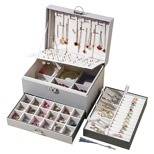 BOOVO Earring Jewelry Box For Women Girl Stud Organizer, 5 Layers Girl Jewelry Organizer Box With Lock Earring Holder Organizer Necklace Ring Jewelry Organizer Box For Girls (grey) - Image 1