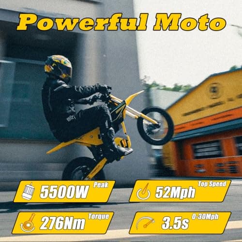Tasaca V58 Electric Dirt Bike with 5500W Peak Motor, 55Mph Top Speed, 52V 30Ah, 276Nm Max Torque, 5-Speed Modes, UL Certified Off-Road Motorcycle for Teens & Adults (Track Yellow) - Thumbnail 4
