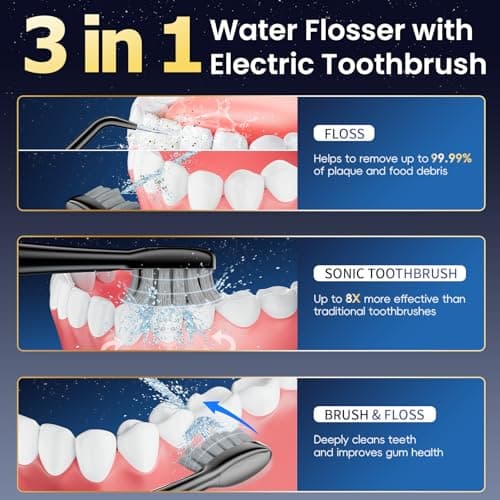 Ducard Electric Toothbrush with Water Flosser, 3 Sonic Toothbrush Modes & 5 Water Flossing Pressure for Deep Clean, IPX7 Waterproof for Shower, Rechargeable Flosser for Braces Sensitive Gums, 4 Heads - Thumbnail 2