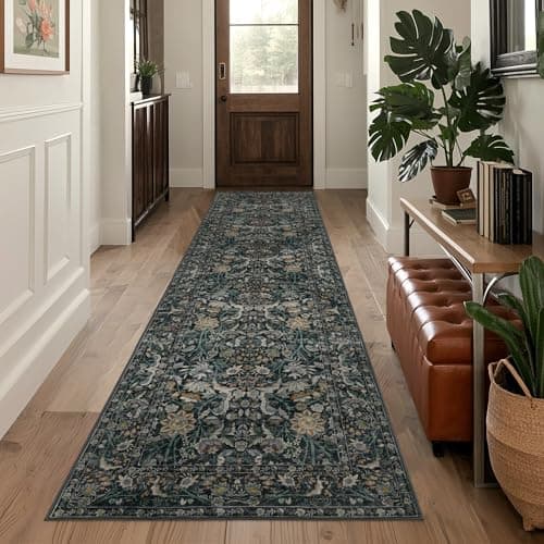 Luxcrest Green 2x8 Runner Rug: Vintage Floral Washable Rugs for Entryway Hallway Bedside Kitchen Indoor - Soft Non-Slip Stain Resistant Low Pile Carpet - Dark Green - Thumbnail 3