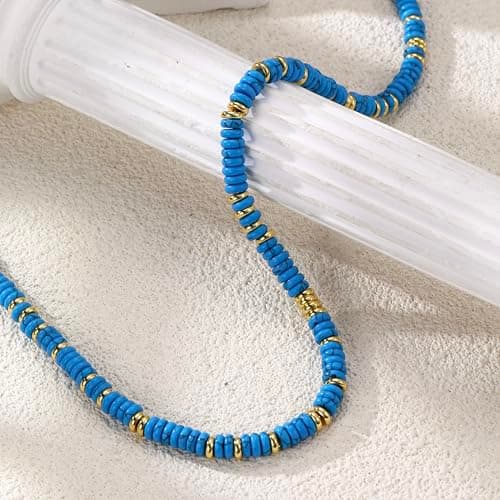chorfla Beaded Gemstone Necklaces for Women, Bohemian Colored Choker Natural Stone Bead Decoration Summer Beach Handmade Jewelry Necklace (Dark Sapphire) - Thumbnail 3