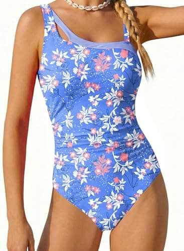 Belovance Girls Swimsuits One Piece Bathing Suit Solid Color Ruched Swimming Suit Teen Summer Modest Beach Swimwear Adjustable Straps Quick Dry Size 15 16 (16Y, Purple Floral) - Image 1