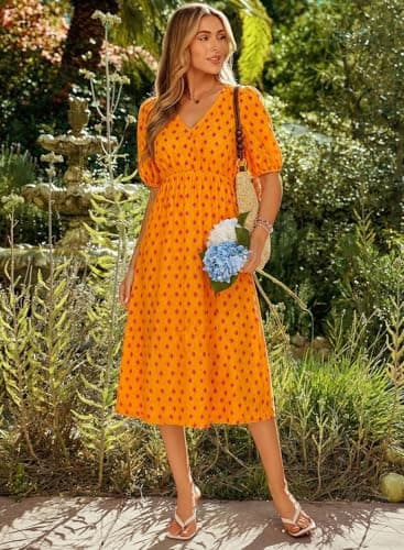 Dokotoo Summer Womens Dresses a Line Floral Flowy Casual Sundress Fashion Clothing Short Sleeve V Neck Boho Maxi Dress with Pockets 2026 Easter Spring High Waist Flowy Loose Fit Beach Dress Orange - Thumbnail 3