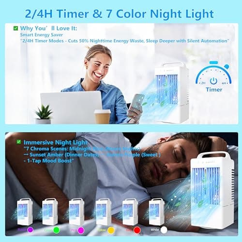 Portable Air Conditioners, Upgraded 90° Auto Swing Evaporative Air Cooler, 3 Speeds & 2/4H Timer, 900ml Large Tank, 7 Color Light, Personal Air Conditioner AC Cold Fan for Bedroom Office Desk Camping - Thumbnail 4
