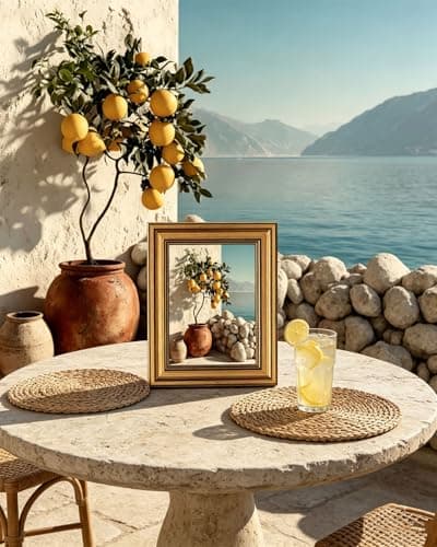 Gold Framed Wall Art, Vintage Mediterranean Lemon Tree Canvas Prints, Coastal Summer Picture Wall Decor, Rustic Italian Landscape Artwork for Kitchen, Living Room, Dining Room 9x11 inch - Thumbnail 5
