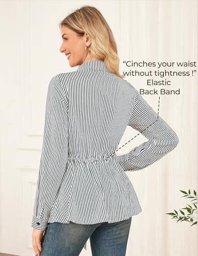 GRACE KARIN Peplum Tops for Women Tie Front Striped Button Down Shirt Collared Long Sleeve Business Casual Work Office Blouse White - Thumbnail 6