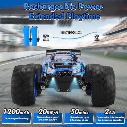 BIFYTON Remote Control Car, 1:18 Rc Cars, All-Terrain RC Truck with LED Light, 20KM/H, Rechargeable, 2WD, 2.4GHz, Sturdy PVC Shell, Remote Control Truck for Boys 4-7 8-12, Beginner - Thumbnail 2