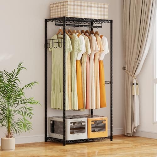 ecobedding Heavy Duty Garment Rack, 1000LBS Max Load Freestanding Closet Organizer with 6 Storage Shelves & 3 Adjustable Hanging Rods, Multifunctional, Glossy Black, 15.75" D x 70-88.5" W x 76.5" H - Thumbnail 6