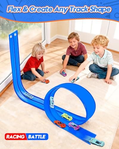 15 Ft Flexible Car Tracks for Kids Age 3 Up, Race Track with 6 Toy Cars, Flex Track Compatible Diecast 1/64 Cars with Suction Cups, Birthday for Boys (Blue) - Thumbnail 2