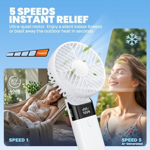 HAWANA Portable Handheld Fan, High Speed mini handheld fan with LED Display, travel fan 180° Foldable Desk Fan with Base, 5 Speed small fan for Outdoor Activities, Travel, Beach, White - Thumbnail 4