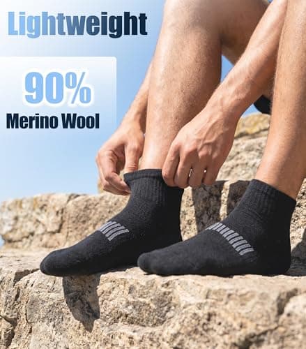 RTZAT 3 Pairs Merino Wool Socks for Men Business Casual Wool Ankle Thin Hiking Running Athletic Compression Thermal Support Warm Breathable Cushioned No-Show Low Cut Sock - black Large - Thumbnail 3