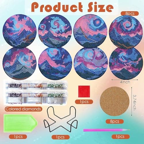 ijbnhd 8 PCS Aurora Diamond Art Coasters Diamond Painting Coasters Kits with Holder Aurora DIY Coaster for Beginners, Adults, Diamond Art Crafts Supplies 4x4 in (Cork Wooden Pad) - Thumbnail 3
