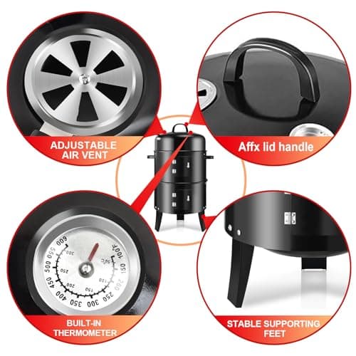 RYHOFOUD T001-2 19-inch BBQ Charcoal Smoker, Heavy Duty Round Smoking-Vertical Multi-Layer Pellet Smoker for Meats-Offset Charcoal Grill with Thermometer, Black - Thumbnail 5