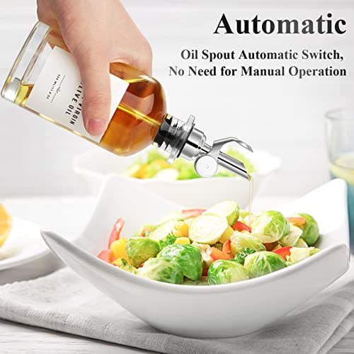 GIXSEGIE Olive Oil Dispenser Bottle Set with Bamboo Tray, Silver Classic Oil Dispenser, 2 x 350ML Glass Bottles, Weighted Metal Pourers, Kitchen Storage & Dispensing - Thumbnail 2