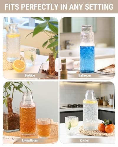DmmyAlzx Bedside Water Carafe and Glass Set, 20.5oz Glass Pitcher with 6oz Tumbler Lid, Nightstand Water Container & Mouthwash Dispenser for Bedroom & Bathroom, Daisy-Pattern - Thumbnail 6