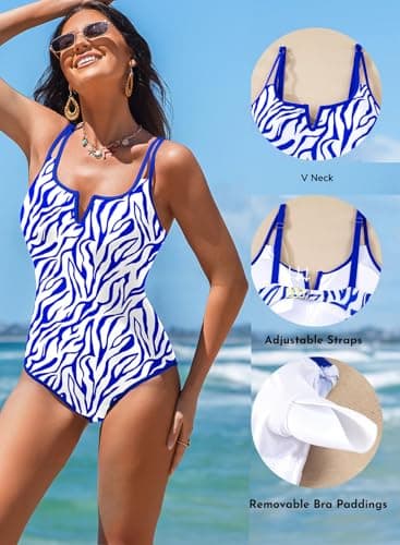 Aleumdr 2026 Tummy Control One Piece Swimsuit Vintage Bathing Suit for Women Zebra Printed Swim Suit Modest Push Up Swimwear Sky Blue Small - Thumbnail 5