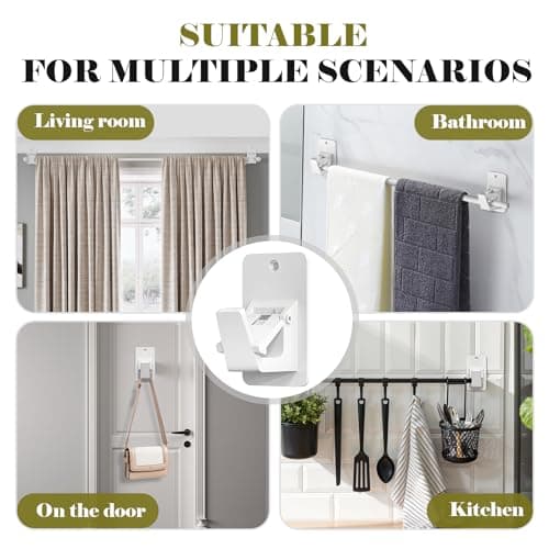 No Drill Curtain Rod Brackets, Universal Curtain Rod Holder, 8 Pack Self Adhesive Curtain Rod Bracket Heavy Duty 30 LB, Nail Free Curtain Rod Bracket for Bathroom, Bedroom, Livingroom, Kitchen, White - Thumbnail 6