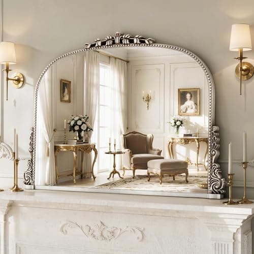 26x38 inch Vintage Arched Gold Ornate Baroque Mirror - Wall Vanity Mirror with Beautiful Retro Top and Bottom Engraving Process Frame for Bathroom, Living Room, Fireplace, Entryway, HD Tempered Glass