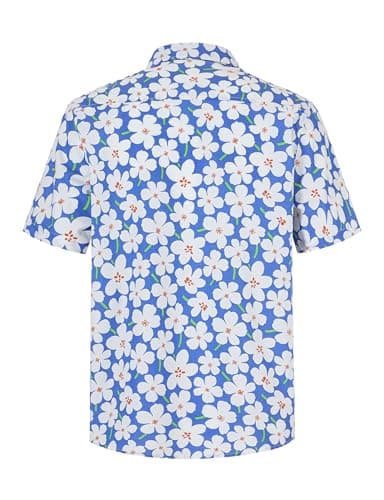 TIXMIE Mens Cotton Hawaiian Shirt - Casual Short Sleeve Button Down Shirts, Tropical Floral Shirt for Summer Beach Vacation Party Blue - Thumbnail 3