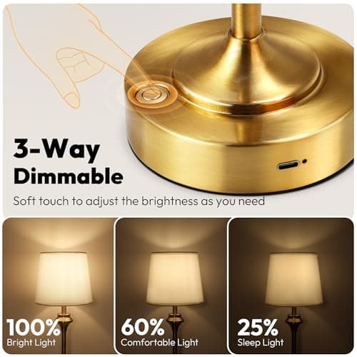 NIORSUN Portables Cordless Table Lamp,Battery Operated Lamp,5200mAh Bedside Table Lamp with Warm White,3 Way Dimmable Touch Desk Lamp for Bedroom Living Room Restaurant White Shade (Gold) - Thumbnail 3