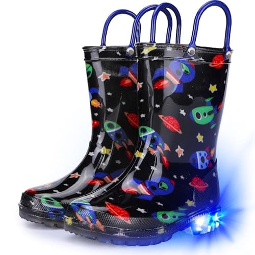 Funspread Toddler Rain Boots Boys Rain Boots - Patterns Light Up Kids Rain Boots with Easy-On Handles Lightwight Waterproof Rain Shoes Black Size 5 - Image 1