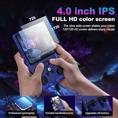 R36MAX Retro Handheld Game Console, 4.0 Inch 720x720 IPS Screen, 64GB Built-in 18,000+ Classic Game, Portable Hand Held Open Source Linux System, 4000mAh Battery Retro Gaming Console(Blue 64GB) - Thumbnail 2