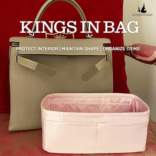 KINGS IN BAG Women's Purse Organizer Insert - Satin & Lightweight Fabric with Inside Pockets, Portable for Commute, Travel, Shopping, and Evening, Multicolor Options, Fits for Kelly 40(Pink, KL40) - Thumbnail 2