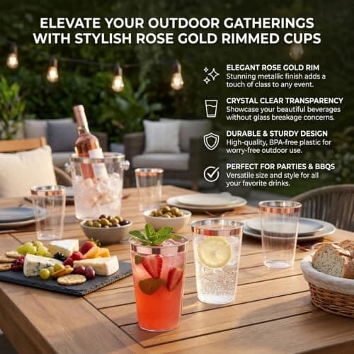 200 Pack 12oz Plastic Cups with Rose Gold Rimmed - Sturdy & Food Safe Plastic Wine Glasses Wedding Cups Party Cups Clear Cups Plastic Cocktail Glasses for Wine, Juice, Cocktails and Cold Beverages - Thumbnail 6