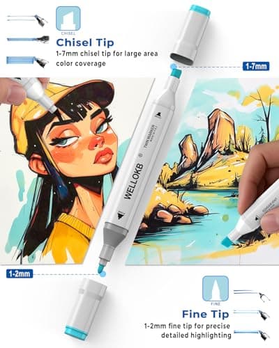 WELLOKB Alcohol Markers Set, 80 colors Alcohol Based Dual Tip, Brush and Fine Tip for Adult Coloring Books, Drawing, Sketching - Thumbnail 2