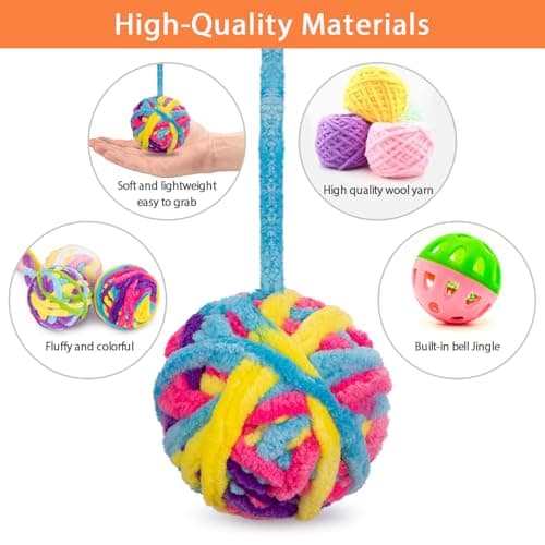 Retro Shaw Cat Toys Balls, 6Pcs Woolen Yarn Cat Ball Toy with Bell Inside, Interactive Kitten Toys for Indoor Cats Kitty, Chew Toys Jingle Pompom Ball with String - Thumbnail 3