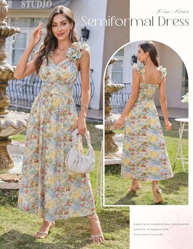 GRACE KARIN 2025 Women's Summer Floral Print Dress Sleeveless Casual Flowy Sundress A Line Ruffle Wedding Guest Outfit Blue Yellow Floral 2XL - Thumbnail 2