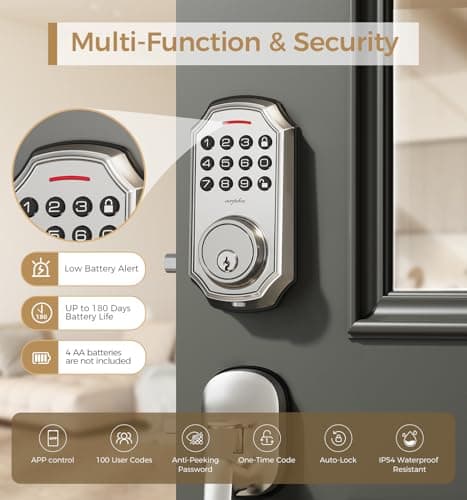 Keyless Entry Door Lock with 2 Handle – Smart Deadbolt, App Control, 100-Code Keypad, One-Time Passcode, Auto Lock & Anti-Peep, Easy Installation for Front Door(Silver+Handle) - Thumbnail 3