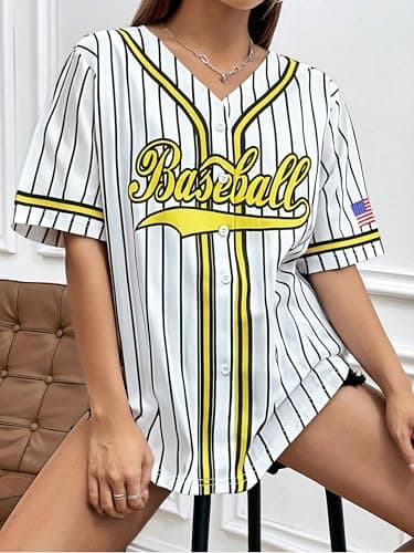 Baseball Shirt Jersey Women Baseball Player T-Shirt Game Day Fan Graphic Tees Button up Short Sleeve White Stripes - Thumbnail 3