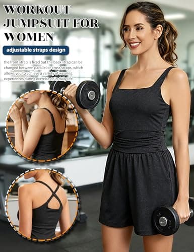 SLIMBELLE Built In Bra Athletic Rompers For Women Summer Square Neck Adjustable Strap Pleated Waist Pockets Short Jumpsuit One Piece Outfits BLACK S - Thumbnail 5