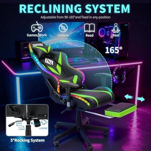 Led Gaming Chair with Speakers Massage 165° Reclining Computer Chairs-Green - Thumbnail 6