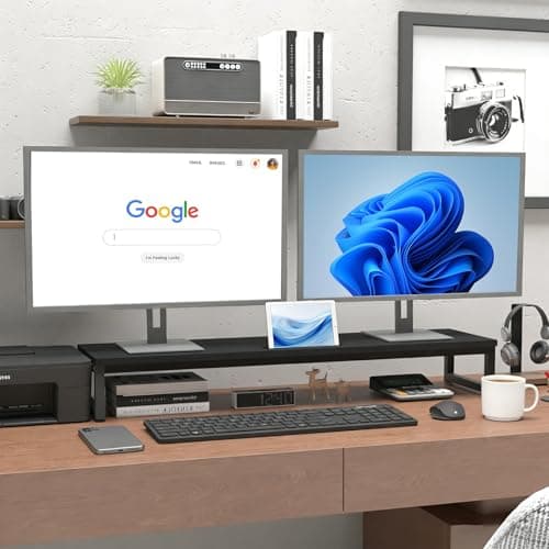 huacz Dual Monitor Stand Riser, 38.7'' Long Wood and Steel Monitor Stand for 2 Monitors, Ergonomic Desktop Organizer with Tablet Stand for Computer,Laptop,TV (Black) - Thumbnail 2