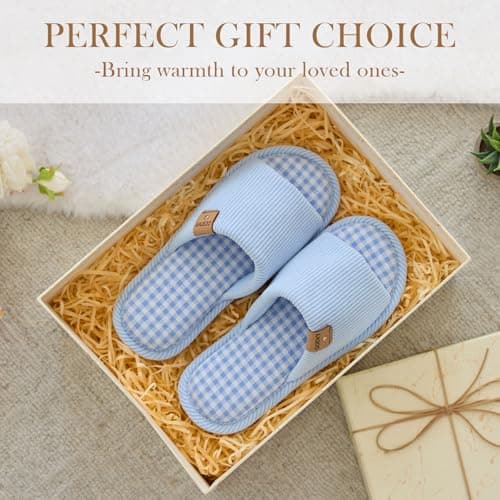 GOEWY Summer House Slippers for Women Cozy Open Toe Breathable Slippers with Memory Foam Birthday Gifts for Women Mom Indoor and Outdoor Size 7 8 Blue Checkered - Thumbnail 6