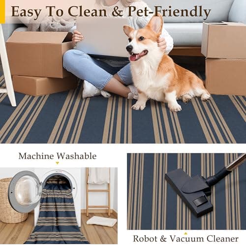 PureCozy Striped Easy Jute Rug 3x5 Blue Entryway Carpet Washable Non Slip Office Door Mat Farmhouse Neutral Non Shedding Small Indoor Outdoor Rug for Bathroom Kitchen Bedroom Living Room - Thumbnail 2
