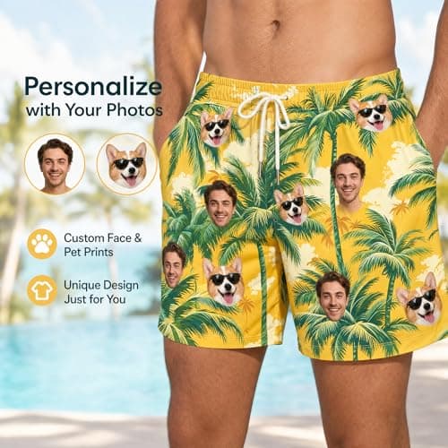 Personalized Photo Mens Swim Trunks, Custom Funny Hawaiian Board Shorts, Lightweight Loose Fit Swim Shorts Ideal Gift for Husband Boyfriend Father - Thumbnail 4