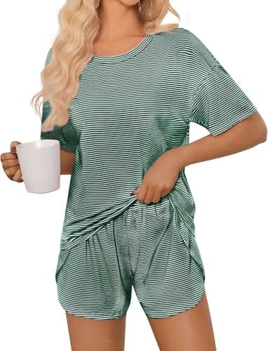 JUSTFASHIONNOW Womens Pajama Sets Shorts Striped Print Two Piece Lounge Sets Crew Neck Sleepwear Soft Pjs Split Shorts Set Summer Cute Pajama Sets for Women Green S - Thumbnail 2