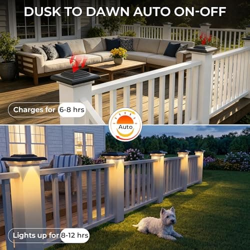 T-SUN 4x4 Solar Post Cap Lights 12 Pack, Warm White Solar Post Cap Lights with 12 LEDs, IP65 Outdoor Solar Post Cap Lights for Wood/Vinyl Fence Posts, Deck, Patio, Garden, Porch - Thumbnail 5
