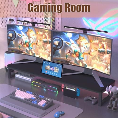 huacz Dual Monitor Stand Riser, 38.7'' Long Wood and Steel Monitor Stand for 2 Monitors, Ergonomic Desktop Organizer with Tablet Stand for Computer,Laptop,TV (Black) - Thumbnail 3