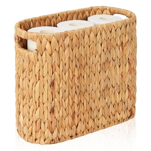 FairyHaus Wicker Toilet Paper Storage Basket with Buit-in Handles, 9 Rolls Natural Water Hyacinth Toilet Paper Holder Stand with Storage, Freestanding Handwoven Toilet Paper Holder Basket for Bathroom
