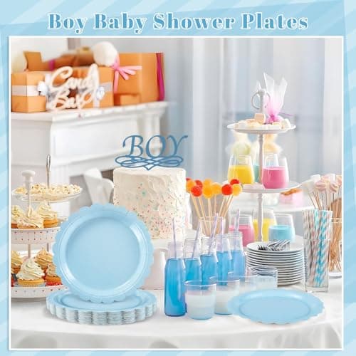 NatNarr 30 Pcs Light Blue Plates, Boy Baby Shower Decorations 9 Inch Scalloped Baby Blue Dessert Party Plate Cute Paper Plate for Easter Party, Birthday, Wedding, Bridal Shower - Thumbnail 4