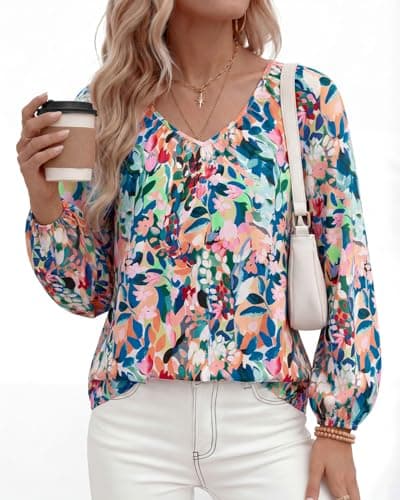 Zenlonr Women's Summer Tops Dressy Casual 2026 V Neck Satin Silk Printed Shirts Boho Long Sleeve Work Blouses(Floral Blue Green,Large) - Thumbnail 3