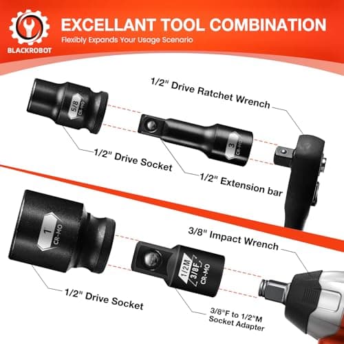 BLACKROBOT 1/2" Drive Magnetic Impact Socket Set, 10-Piece Shallow Socket Set with Storage Rail, SAE 3/8" to 1", 6-Point Magnetic Sockets, Cr-Mo Steel - Thumbnail 5