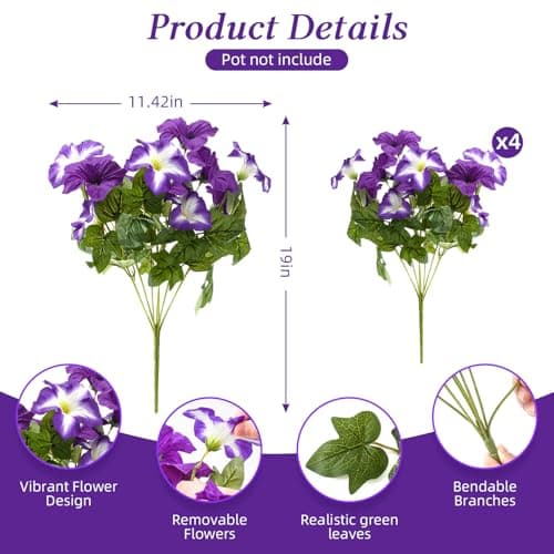FULLMUSIC Spring Artificial Flowers for Outdoors, UV Resistant Fake Morning Glory, Look Real Faux Silk Plants for Front Door Garden Porch Planter - Thumbnail 2