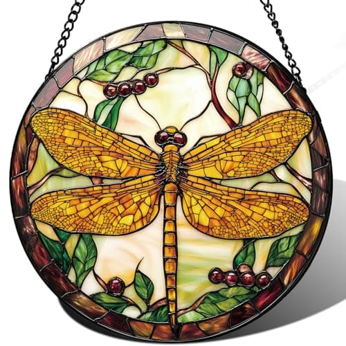 Zizzie Dragonfly Plant Suncatcher -7.9 in Stained Glass Window Hanging Sun Catcher Garden Decor
